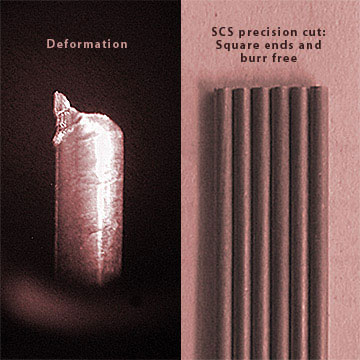 An example of deformation caused by low quality cutting equipment. SCS Wire's custom designed and built systems eliminates such problems